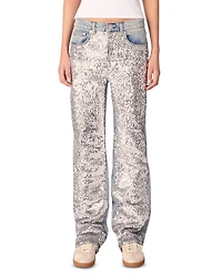Sequined High Rise Straight Jeans Blue Sky