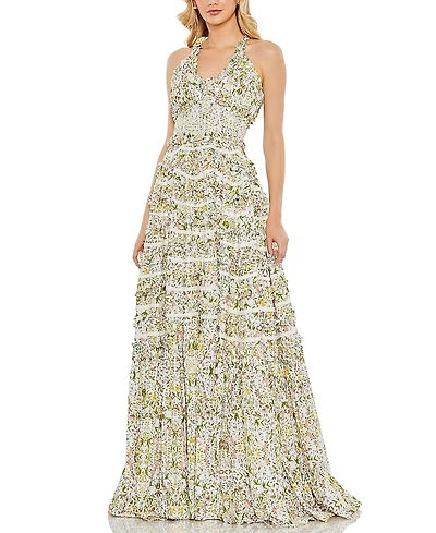 Mac Duggal Cross Back Floral Ruffle Tiered Smock Dress