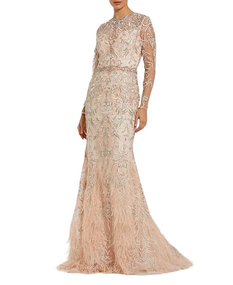 Mac Duggal Embroidered Illusion Long Sleeve Trumpet Gown