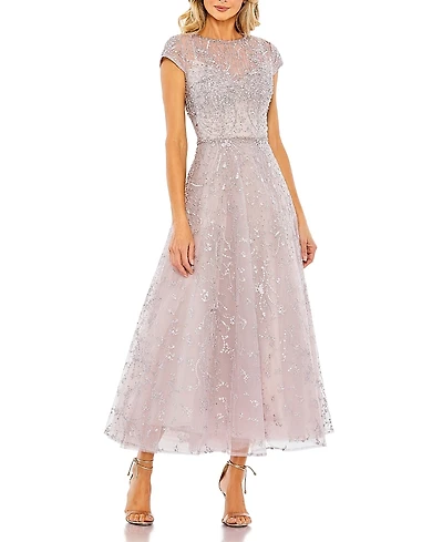 Mac Duggal Women's Embellished High Neck Cap Sleeve A Line Dress