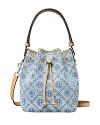 Tory Burch T Monogram Denim Small Bucket Bag