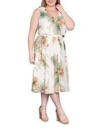 Floral Print Faux Wrap V Neck Midi Dress