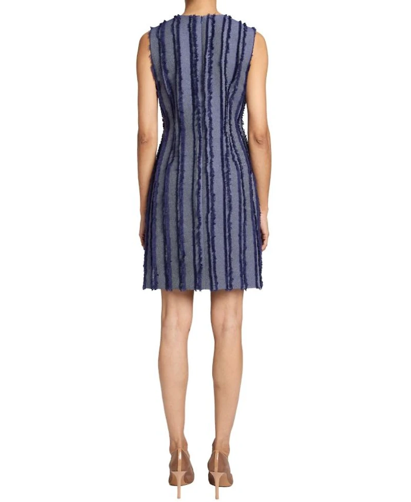 IDA Sleeveless Stripe Fringed Denim Shift Dress with Skirt Zipper Detail