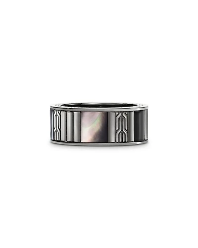 Sterling Silver Black Onyx, Hematite & Black Mother of Pearl Carved Chain Band Ring