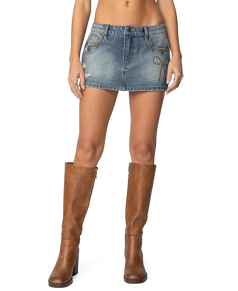 Edikted Studded Bow Distressed Denim Mini Skirt