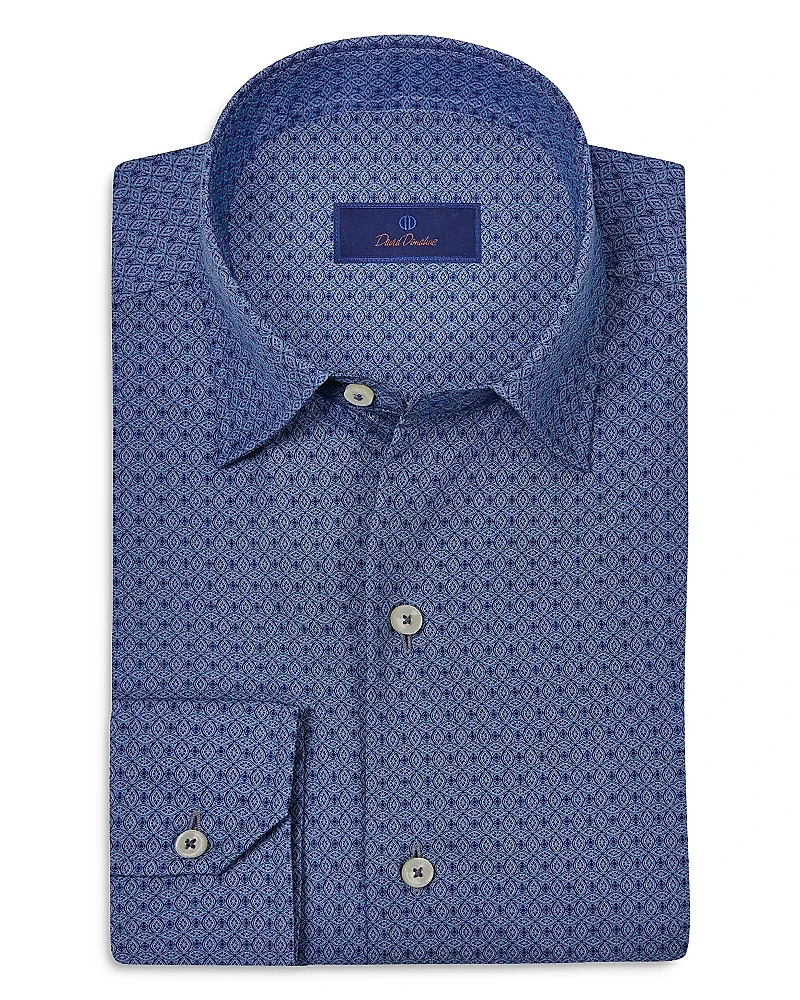 David Donahue Regular Fit Tonal Geometric Print Sport Shirt