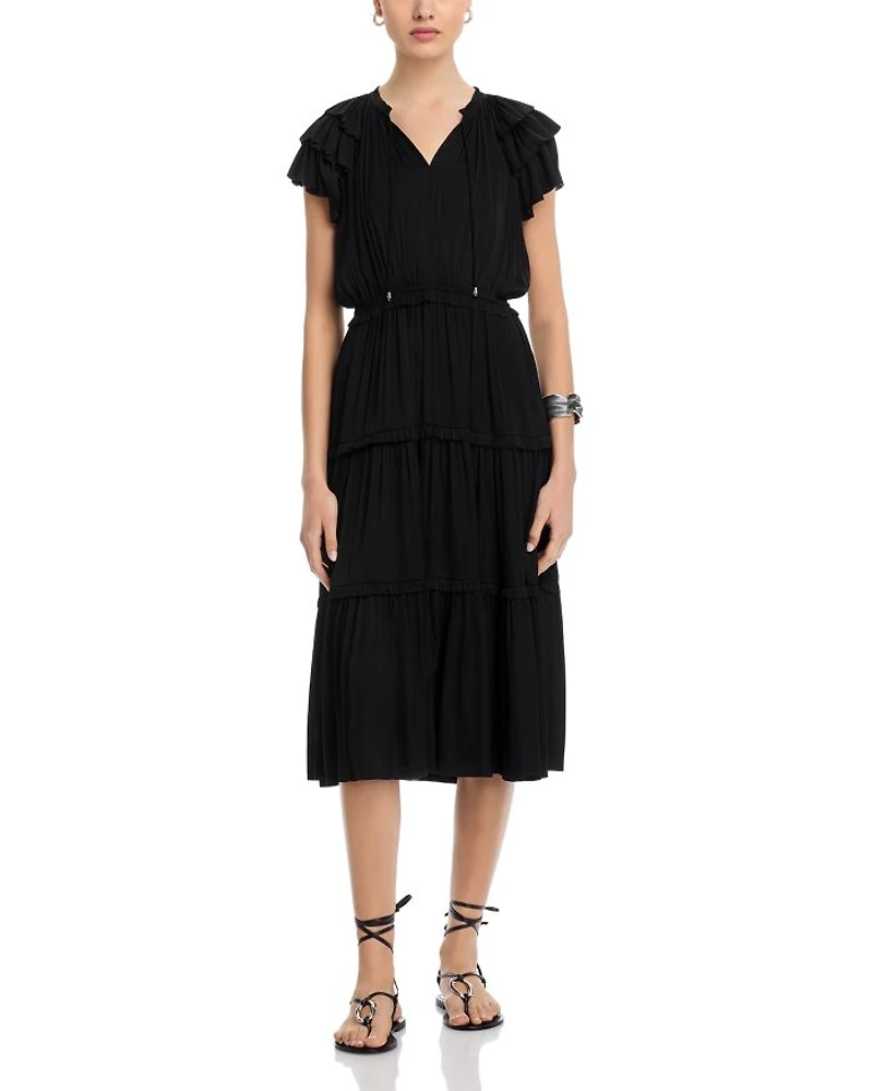 Flutter Sleeve Split Neck Flare Airflow Dress