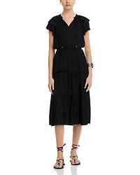Flutter Sleeve Split Neck Flare Airflow Dress