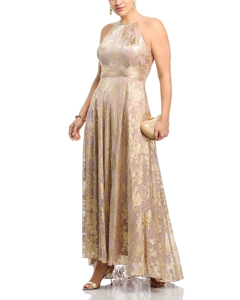 Foil Knit Metallic Halter Gown - Exclusive