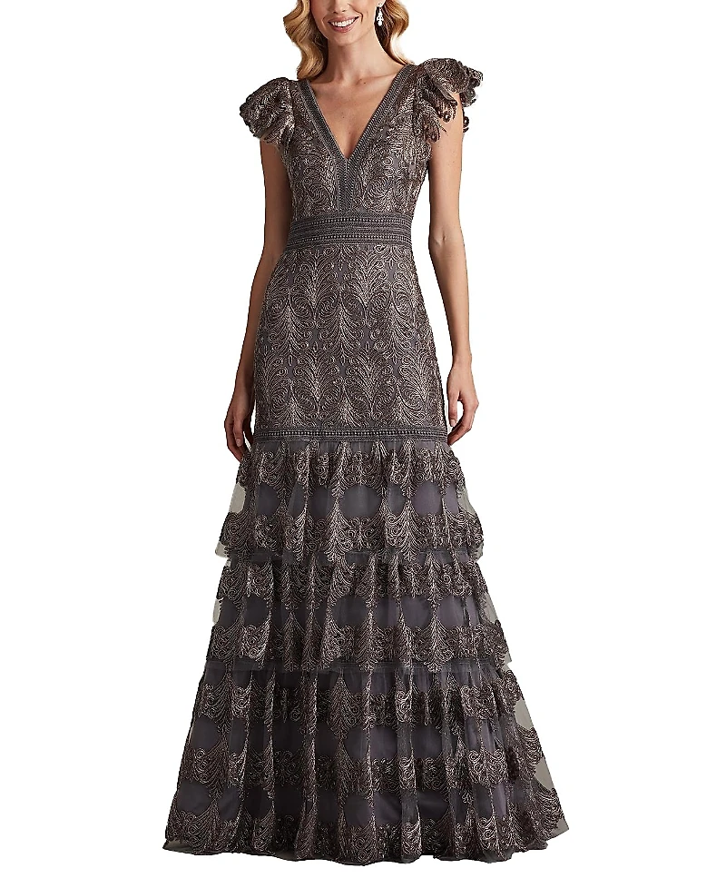 Tadashi Shoji Rhone Tiered Embroidered Tulle Gown