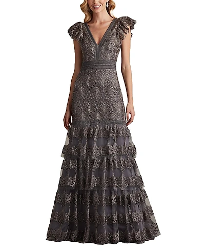 Tadashi Shoji Rhone Tiered Embroidered Tulle Gown