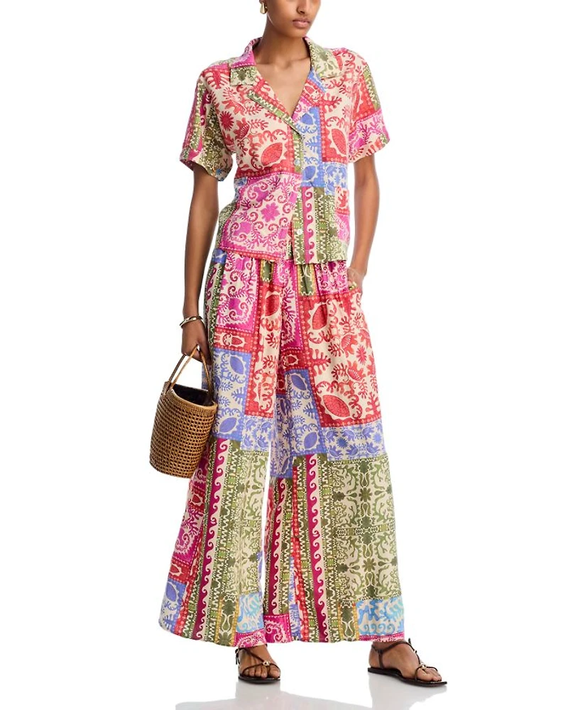Mixed Print Smocked Waist Wide Leg Pants - Exclusive