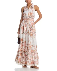 Floral Buckle Belt Button Front Maxi Dress