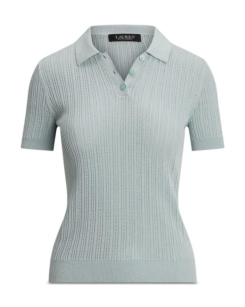 Pointelle Knit Cotton Blend Polo Sweater