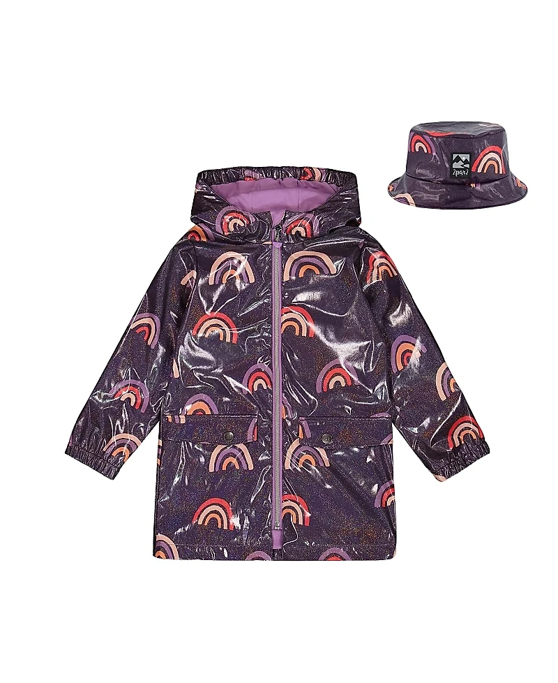 Deux par Deux Girls' Printed Rain Coat with Hat on Shiny Background - Little Kid