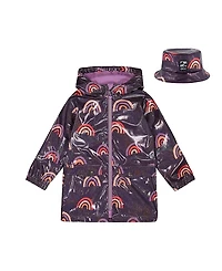 Deux par Deux Girls' Printed Rain Coat with Hat on Shiny Background - Little Kid