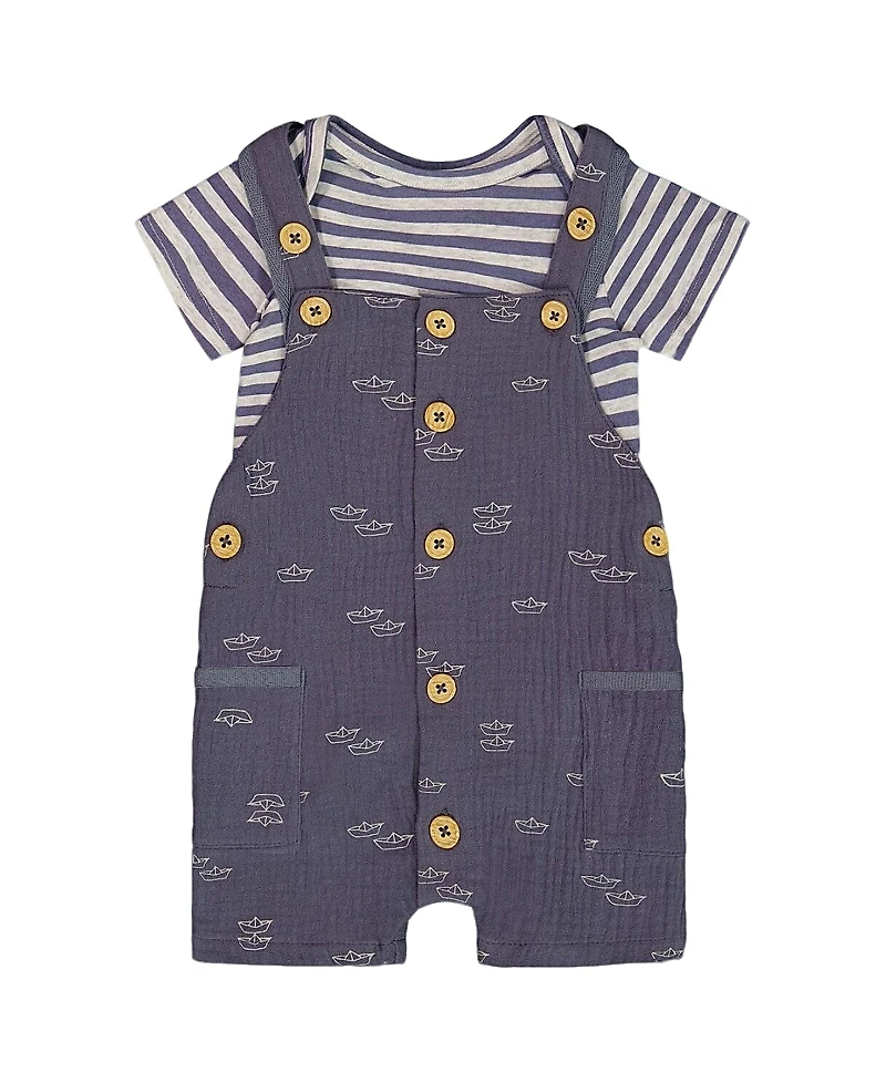 Deux par Boys' Printed Organic Cotton Onesie and Muslin Shortall Set