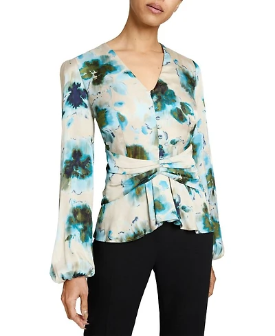 Long Sleeve Blouse with Cinched Waist Abstract Floral Print
