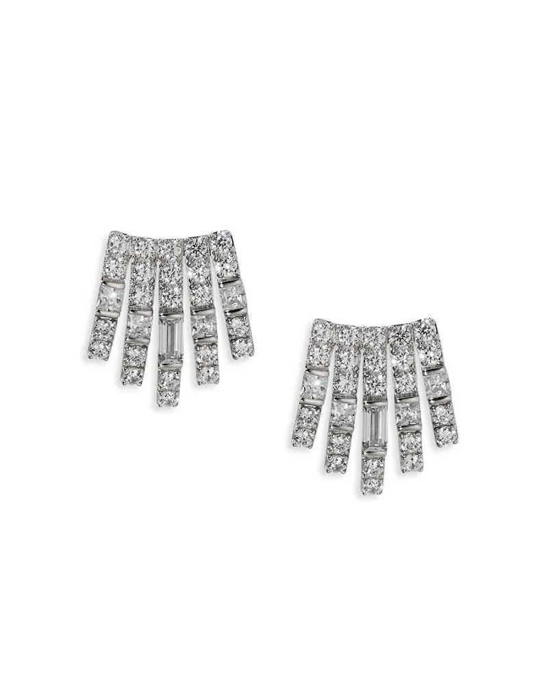 Cubic Zirconia Multi Row Stud Earrings in Rhodium Plated