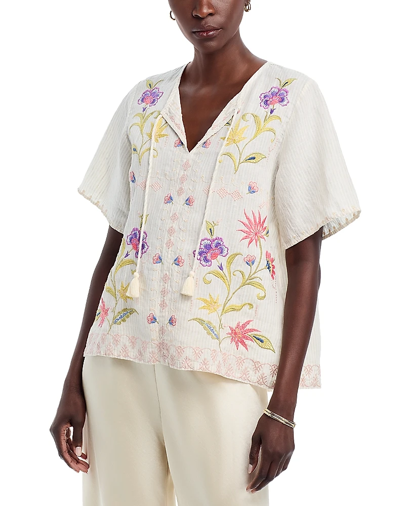 Johnny Was Embroidered Split Neck Top