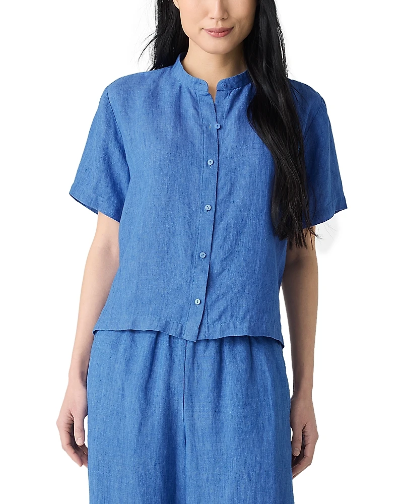 Eileen Fisher Washed Linen Delave Mandarin Collar Shirt