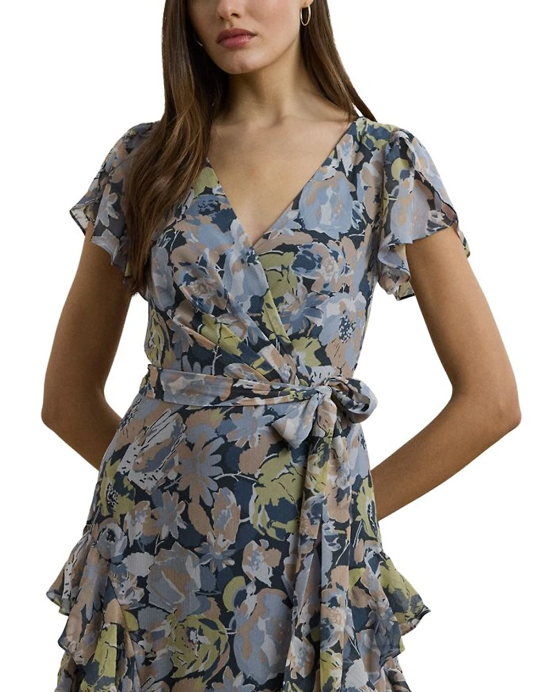 Floral Ruffle Trim Georgette Gown