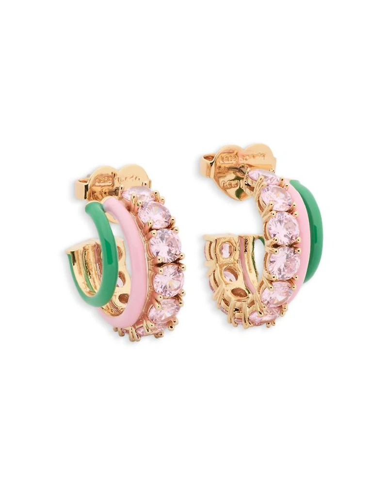 Pink Stone & Enamel Triple Huggie Hoop Earrings