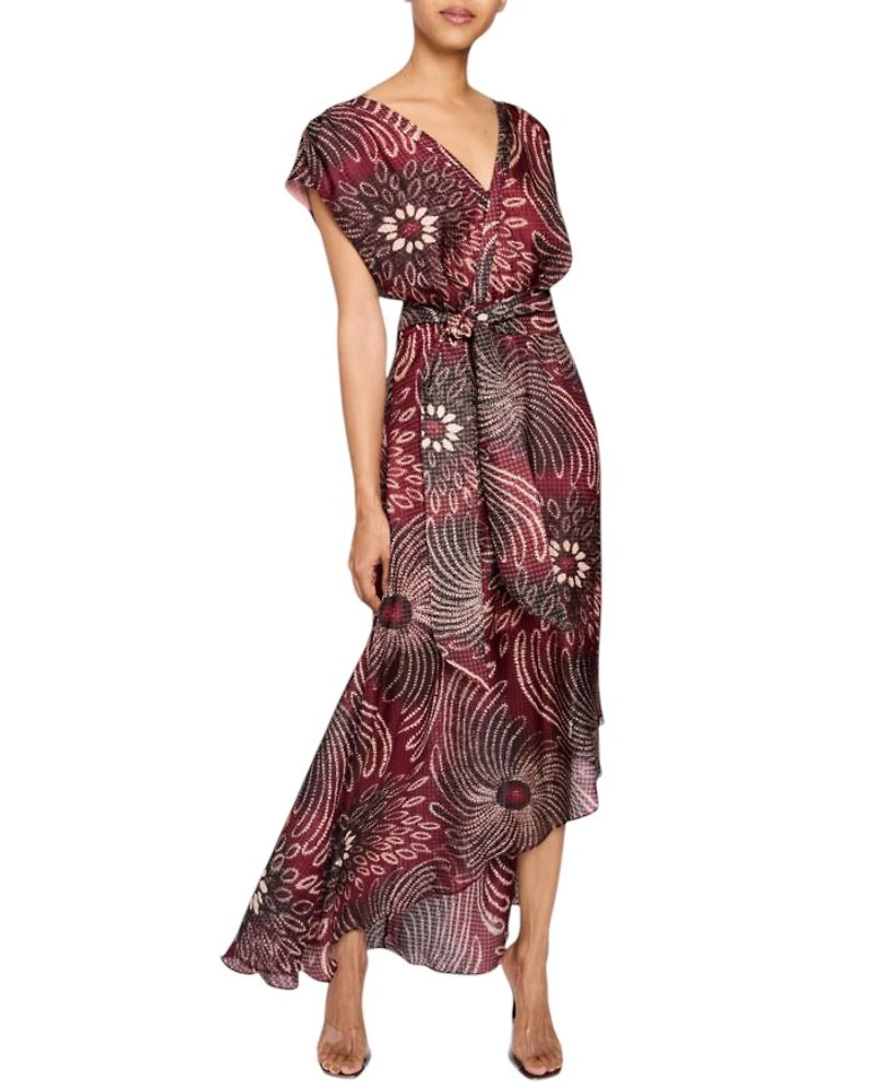FALLON Cap Sleeve Midi Fit and Flare Dress with Hi-Lo Skirt Silk Modern Gingham Floral Print