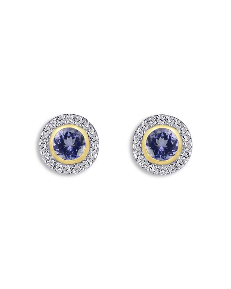 14K Yellow Gold Tanzanite & Diamond Halo Stud Earrings
