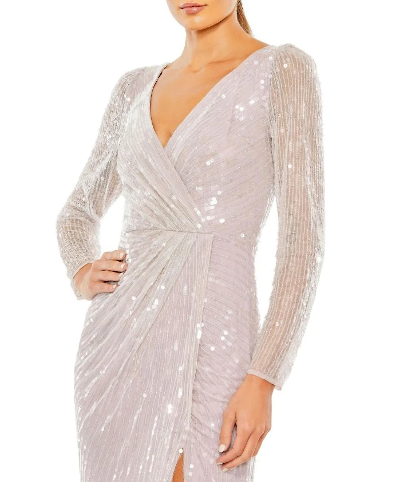 Sequined Faux Wrap Long Sleeve Gown