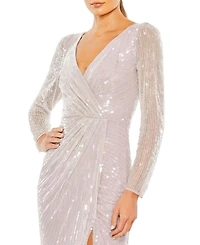 Sequined Faux Wrap Long Sleeve Gown