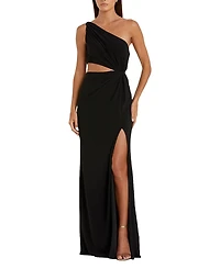 Mac Duggal One Shoulder Ruched Cut Out Jersey Gown