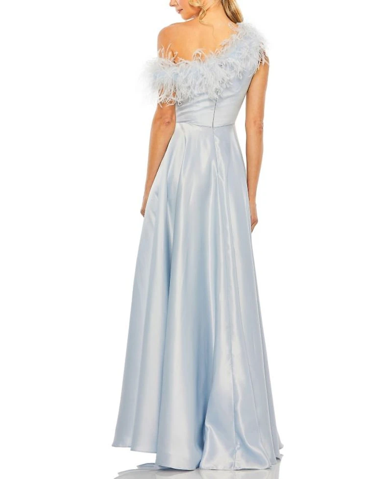 One Shoulder A Line Gown with Feather Detail