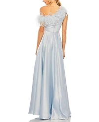 One Shoulder A Line Gown with Feather Detail