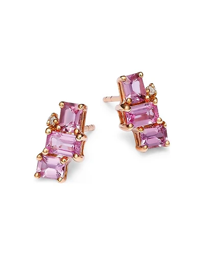 Pink Sapphire & Diamond Stud Earrings in 14K Rose Gold