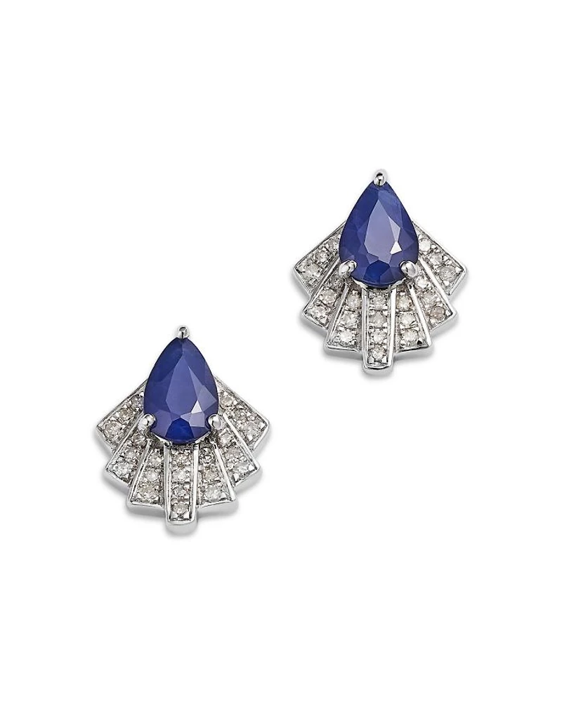 Blue Sapphire & Diamond Pear Stud Earrings in 14K White Gold