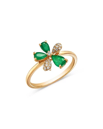Emerald & Diamond Flower Ring in 14K Yellow Gold