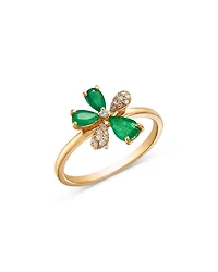 Emerald & Diamond Flower Ring in 14K Yellow Gold