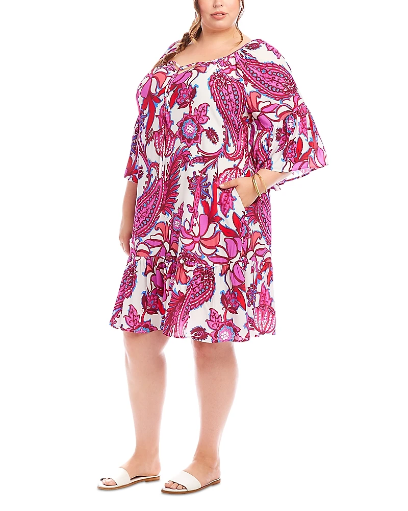 Karen Kane Paisley Flared Sleeve Ruffe Hem Dress