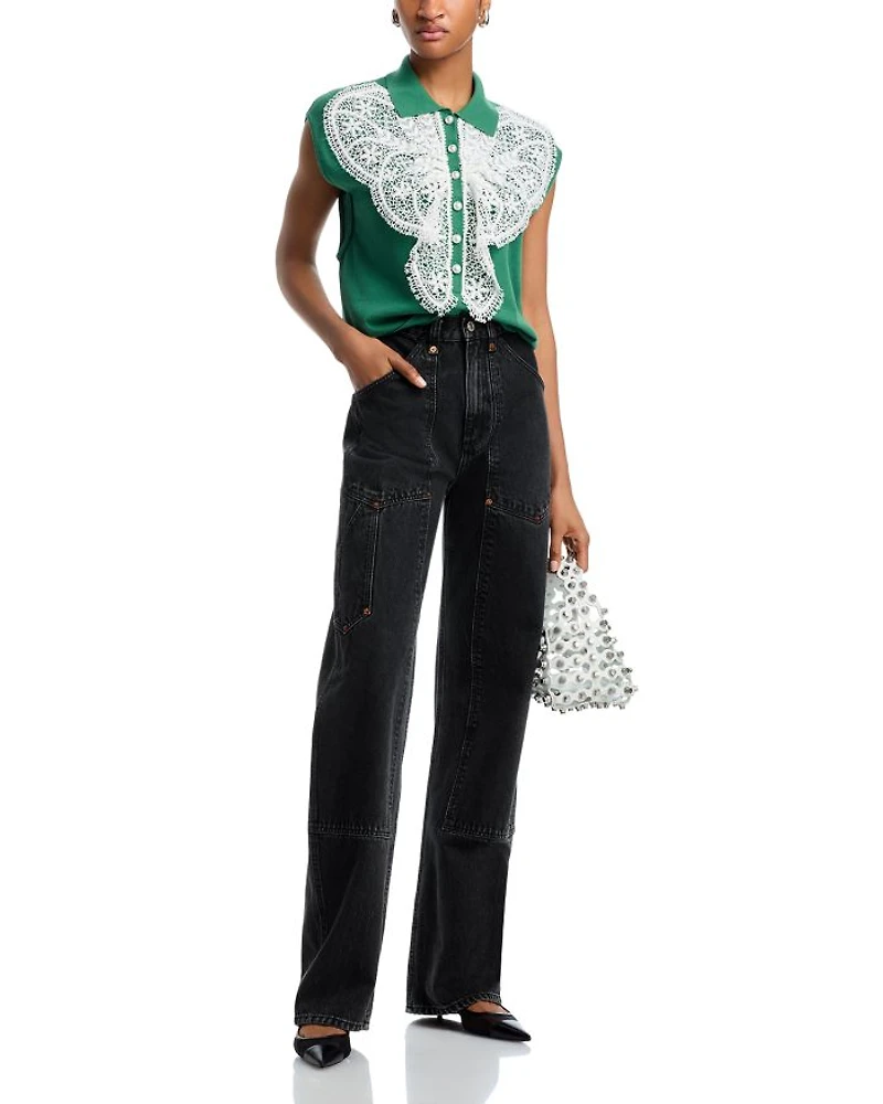 Lace Embellished Knit Polo Top