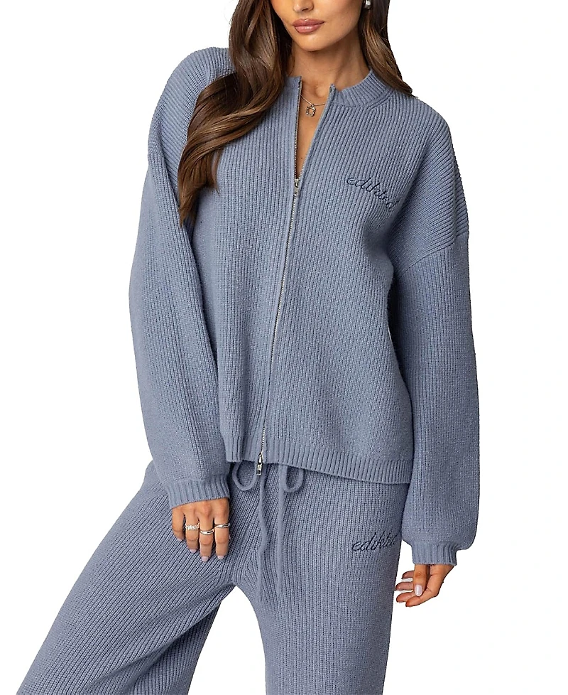 Edikted Kris Ribbed Knit Zip Up Sweater