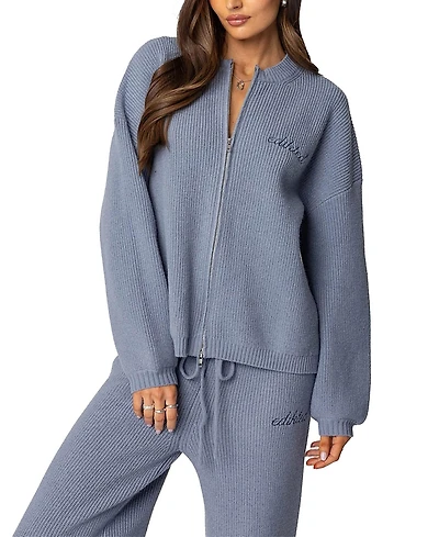 Edikted Kris Ribbed Knit Zip Up Sweater