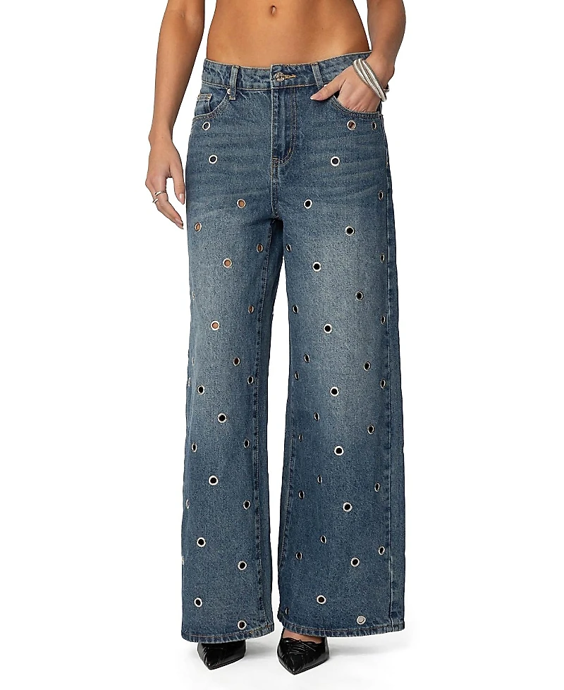 Edikted Jainie Grommet Low Rise Blue Wash Jeans