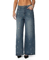 Edikted Jainie Grommet Low Rise Blue Wash Jeans