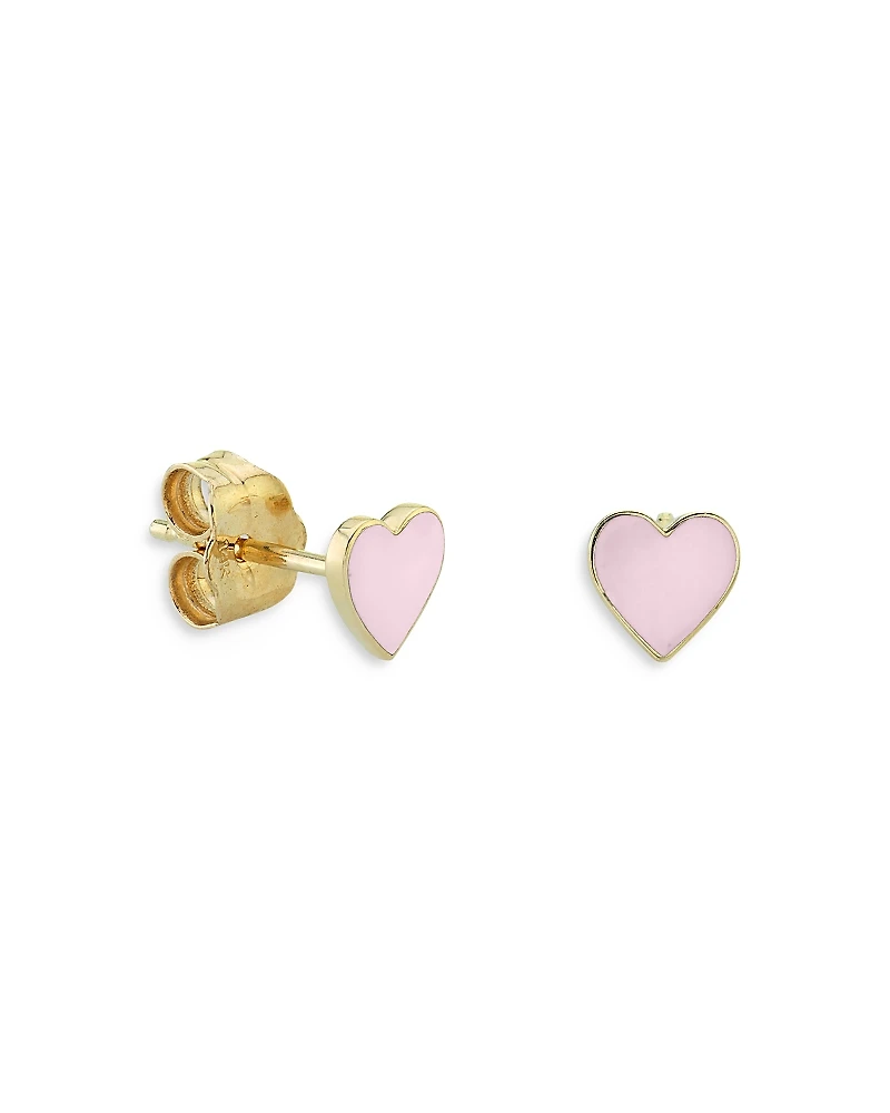 Sydney Evan 14K Yellow Gold Pink Mini Heart Stud Earrings