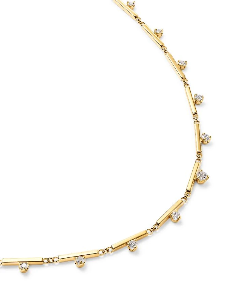 14K Yellow Gold Prong Diamonds Linked Bar Collar Necklace, 15-17"