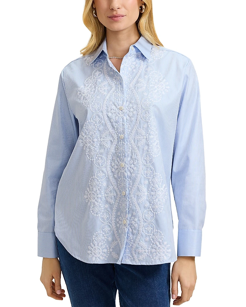 Foxcroft Meghan Long Sleeve Embroidered Cotton Shirt