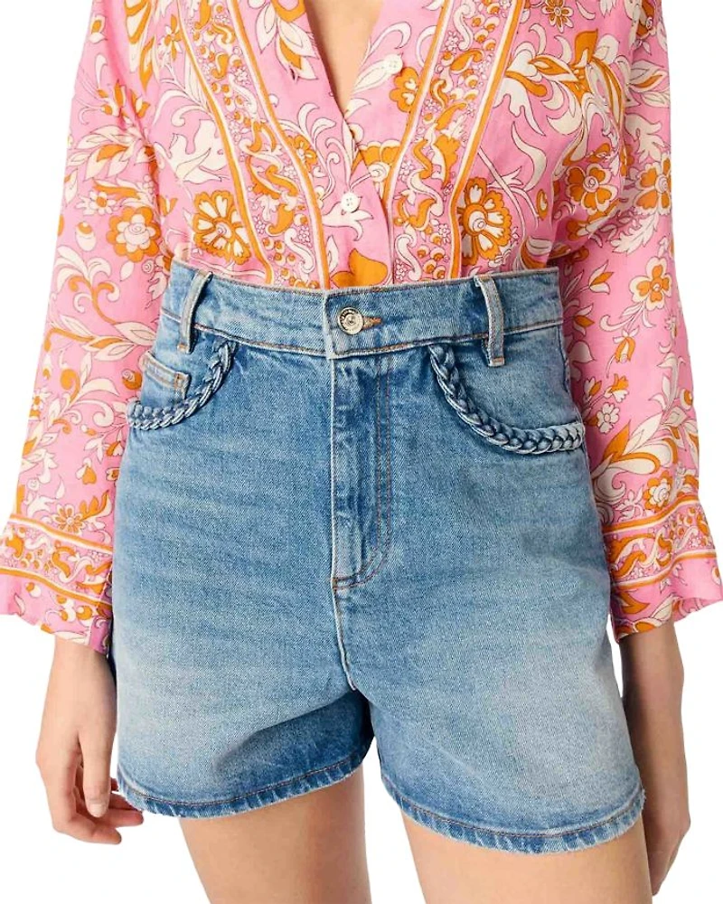 Denim Shorts with Braided Trim Blue
