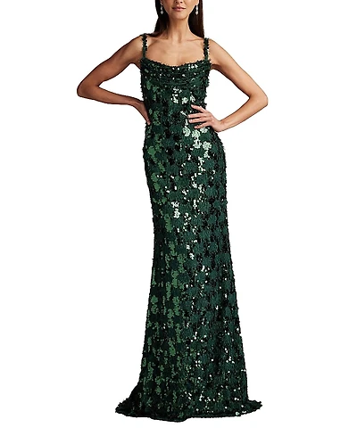 Tadashi Shoji Tinker Sequin Eyelash Fringe Gown
