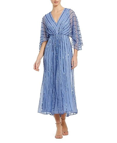 Mac Duggal Beaded Striping Kimono Sleeve V Neck Dress